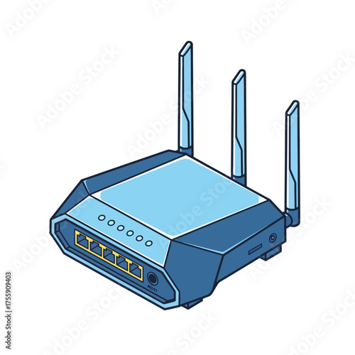 Isometric illustration of a blue wireless router with three antennas.