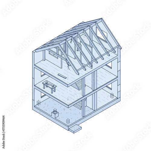 Isometric view of a two-story house under construction, showing the internal structure and layout.