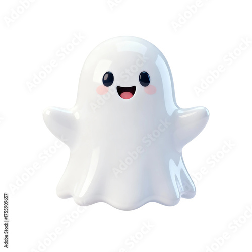 Adorable 3D mini ghost character with rounded shape and bright smile, isolated on a transparent background. Ideal for Halloween stickers, classroom printables, banners, invitations, websites, and apps