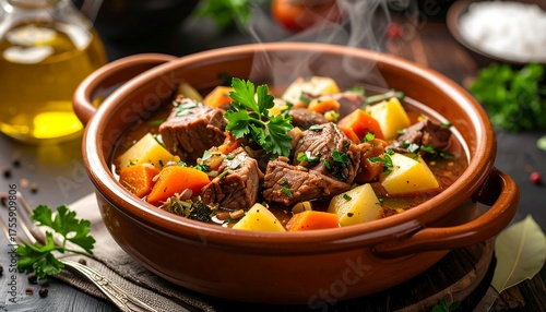 Steaming bowl of hearty beef stew with potatoes and carrots