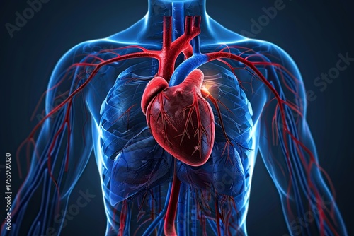 Realistic 3D render of human heart and cardiovascular system with vivid details.