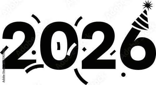 Festive 2026 number with party hat and confetti for New Year celebration. Holiday event graphic. Vector illustration