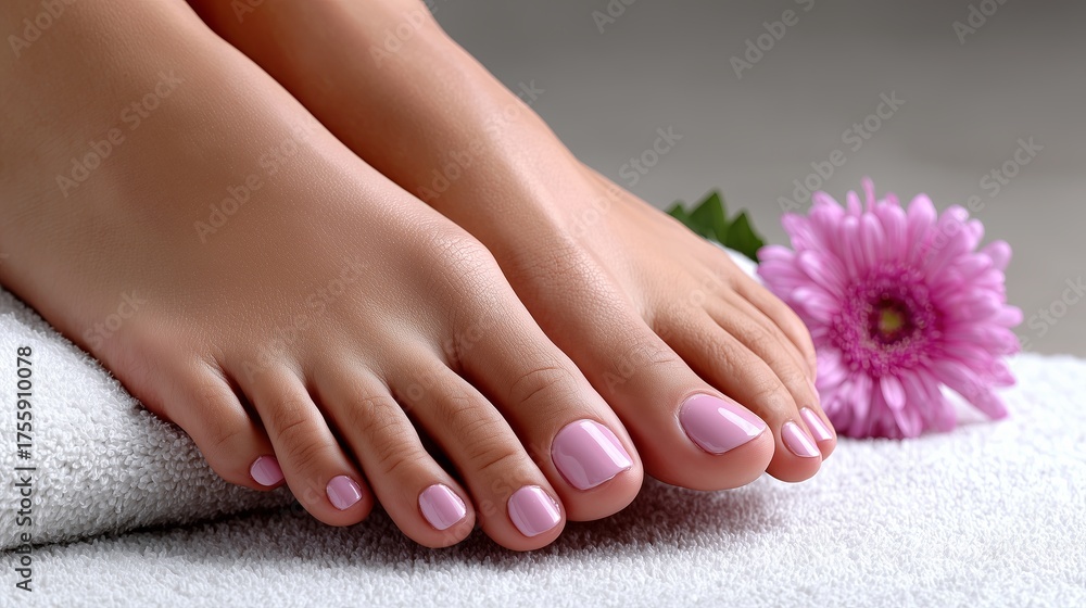 Fototapeta premium Elegant pink pedicure with flower and towel in a calming spa setting