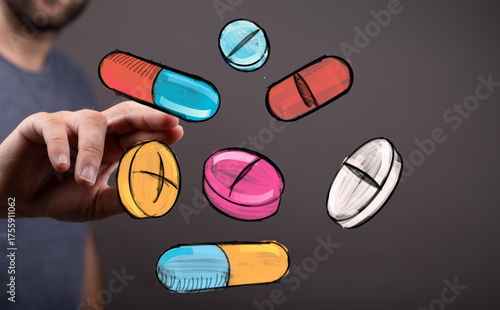 Colorful pills levitate, sy...