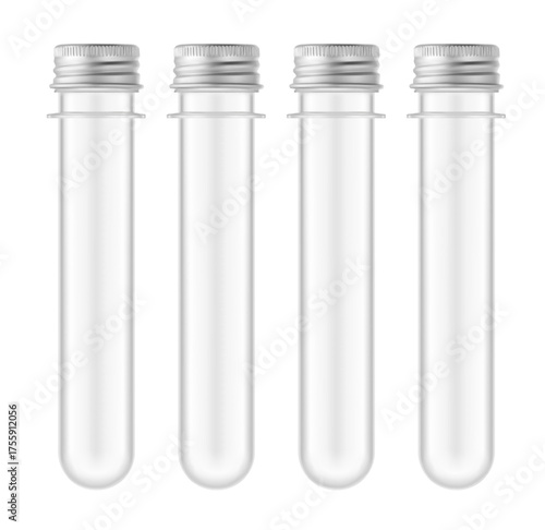 PET clear preform tube with metal screw cap mockup set. Vector illustration isolated on white background. Can be use for template your design, presentation, promo, ad. EPS10.