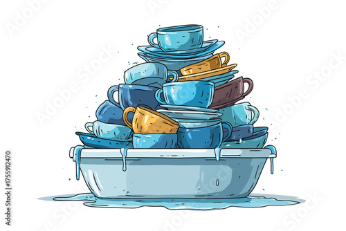 Dirty dish pile in sink tableware isolated