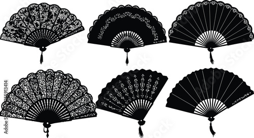 Handheld folding fan silhouettes with tassels and ornate, geometric, and lace-like designs for traditional cultural vector illustration and decoration themes