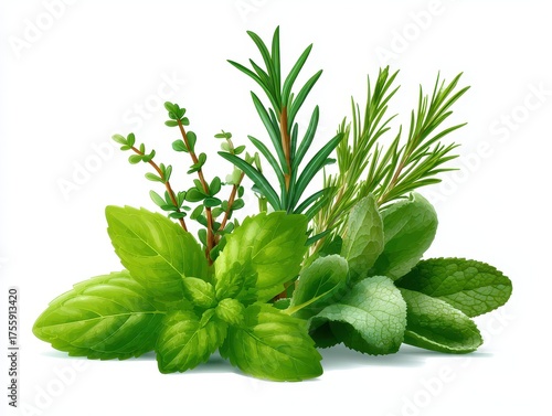 A vibrant assortment of fresh herbs, including mint, rosemary, and thyme, showcasing their rich green colors and textures.