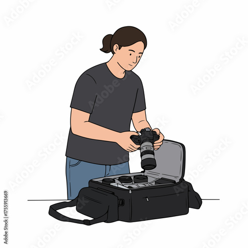 Simple Line Art Female Preparing Camera Equipment in an Open Bag Illustration