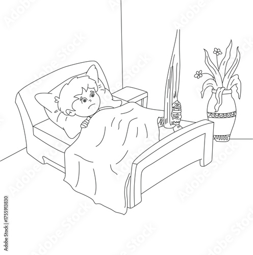 Science of hand drawn vector An injured young boy in the hospital outline.