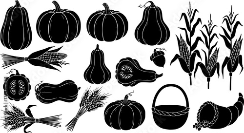 Thanksgiving Feast Line Art Silhouette Icon Set: Turkey, Gravy, Pie, Sides. Minimalist Black and White Dinner Food Graphic Collection.	