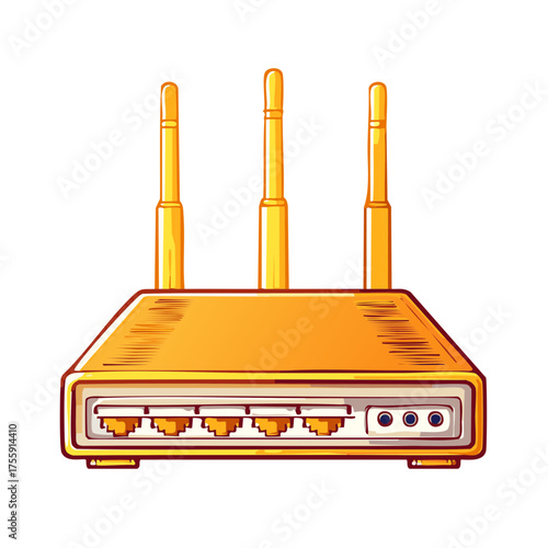 Modern Golden Wireless Router with Three Antennas and Ethernet Ports for Network Connection