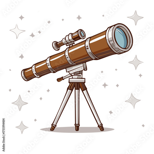 Vintage cartoon telescope on a tripod for astronomy and stargazing with stars illustration