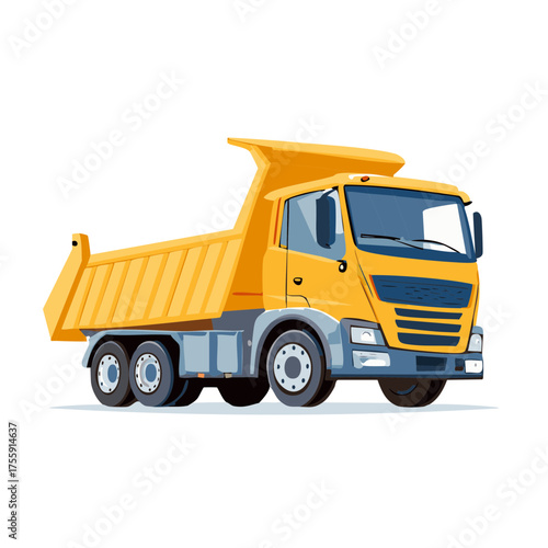 Yellow dump truck vehicle for construction transport and industrial hauling on a clean background