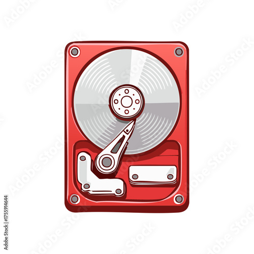 Digital illustration of an open hard drive with visible platter and read write head for computer data storage