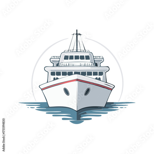 Modern passenger ferry boat sailing on blue water with distinct red stripe detail