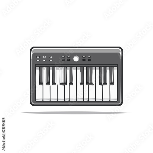 Illustration of a synthesizer keyboard displaying black and white keys for musical entertainment and music production in a studio