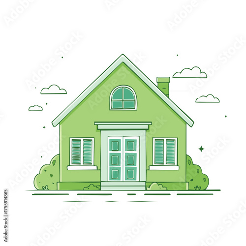 Green house illustration with bushes, clouds, and a chimney on a white background