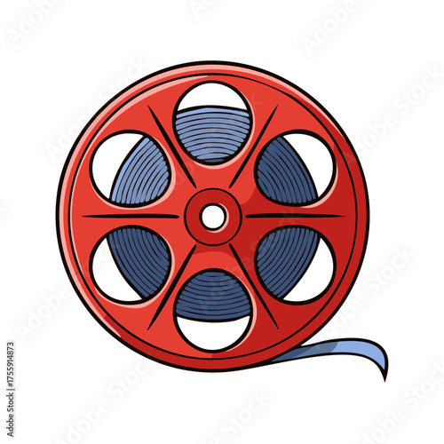 Vintage red film reel with blue movie tape