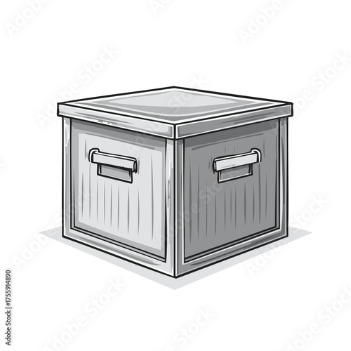 Gray storage bin with handles isolated on white background, simple line art illustration