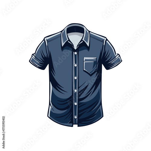 Stylish blue short sleeve button up shirt with a chest pocket and rolled cuffs