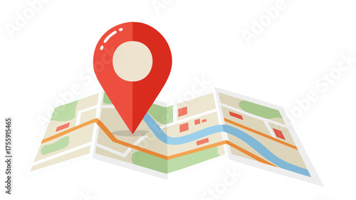 A red map pin icon is placed on a folded paper map, indicating a location.