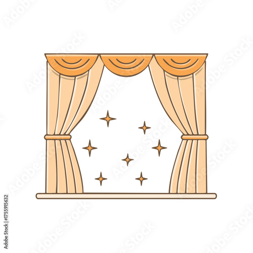 Elegant window with tied-back beige curtains and sparkling stars illustration