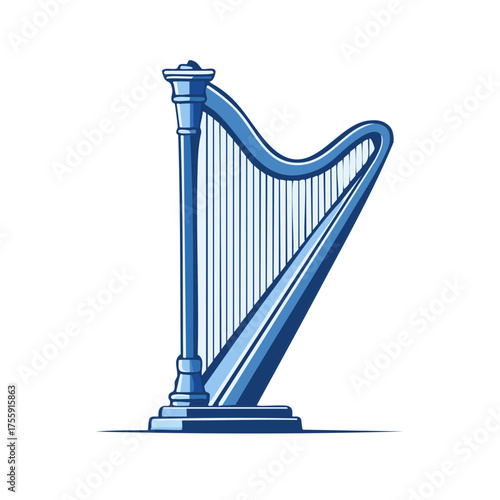 Illustration of a classical blue harp with many strings on a white background