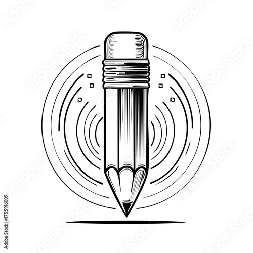 Detailed pencil drawing with eraser and artistic background circle concept for design