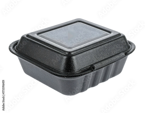 Angled view of a black styrofoam container with a hinged lid, food packaging