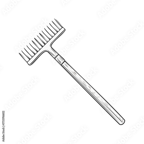 Vintage style line art illustration of a garden rake, an agricultural tool