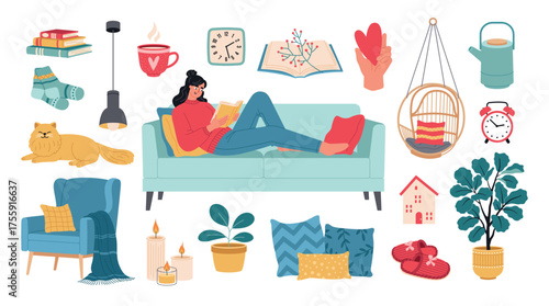 Funny girl lying on couch. Lazy weekend with favorite book, cozy room interior, good time at home, cute woman relaxing