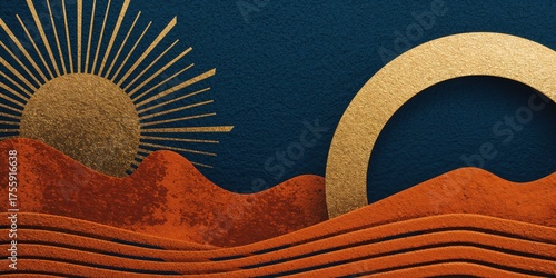 Golden textured sun and crescent moon rising over abstract terracotta desert dunes on a deep navy blue background.
