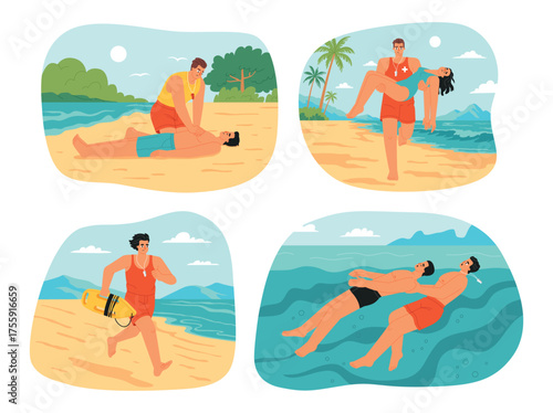 Saving drowning man. Professional lifeguard rescues guy, man throws lifeline, vacationer in trouble, survival swimming, vector illustration
