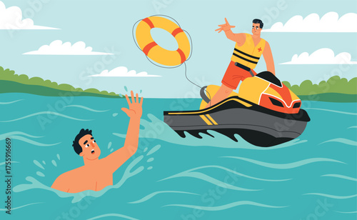 Saving drowning man. Professional lifeguard rescues guy, man throws lifeline, vacationer in trouble, survival swimming, vector illustration