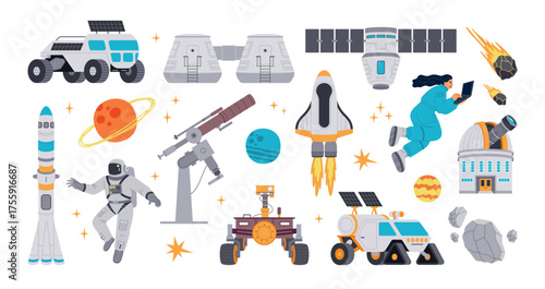 Cartoon space exploration items. Cosmos adventure elements, scientific research, astronomy objects, rocket, telescope, planets, vector set