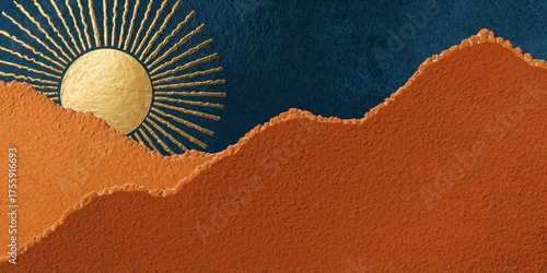 Abstract art featuring a vibrant golden sun rising over rugged textured terracotta mountains against a deep navy blue, minimalist landscape.
