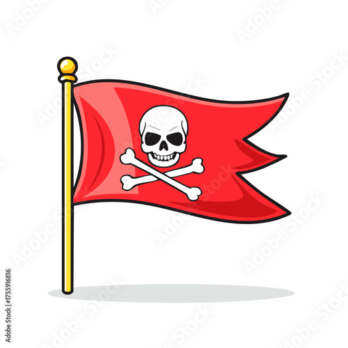 Red pirate flag with skull and crossbones waving on a pole