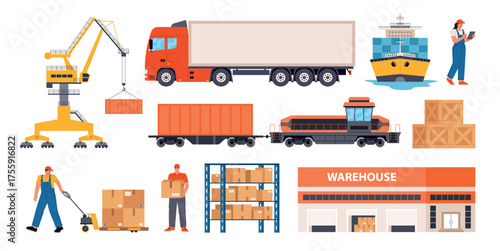 Cartoon logistics warehouse elements. Cargo transportation, worldwide delivery, shipping by land and sea, professional loaders, vector set