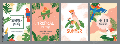Colorful parrots cards. Exotic birds with bright plumage, different breeds, palm leaves and flowers, tropical flora and fauna, vector set