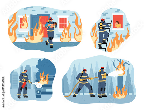 Firefighters scenes. Professional brigade in uniform, people in danger, emergency service, different situations, saving child, vector set