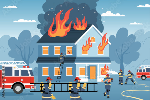Firefighter fighting fire. Saving child, burning house, life danger, emergency service, uniformed people, water filling, vector illustration