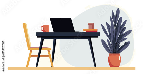 Workspace with laptop and plant illustration