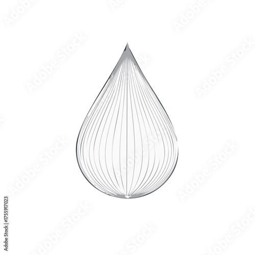 Abstract clear water drop shape with radiating lines isolated on white background