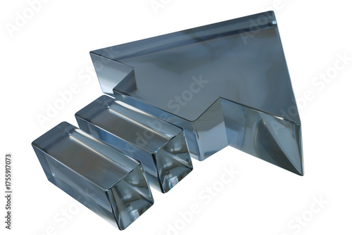 An abstract, multi-part geometric shape, rendered in translucent, reflective material with a cool blue hue. It features angular facets and shines, resembling an arrow