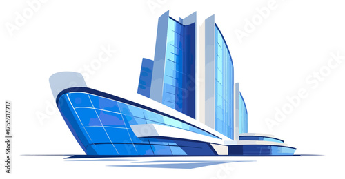 Modern architectural design of a building with glass facade blue hues vector illustration