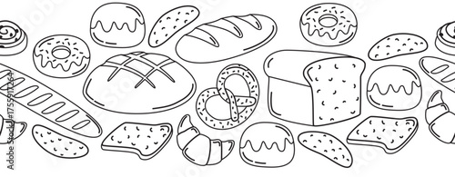 Seamless border with different types of bread and bakery products. Horizontal pattern with elements of food in doodle style