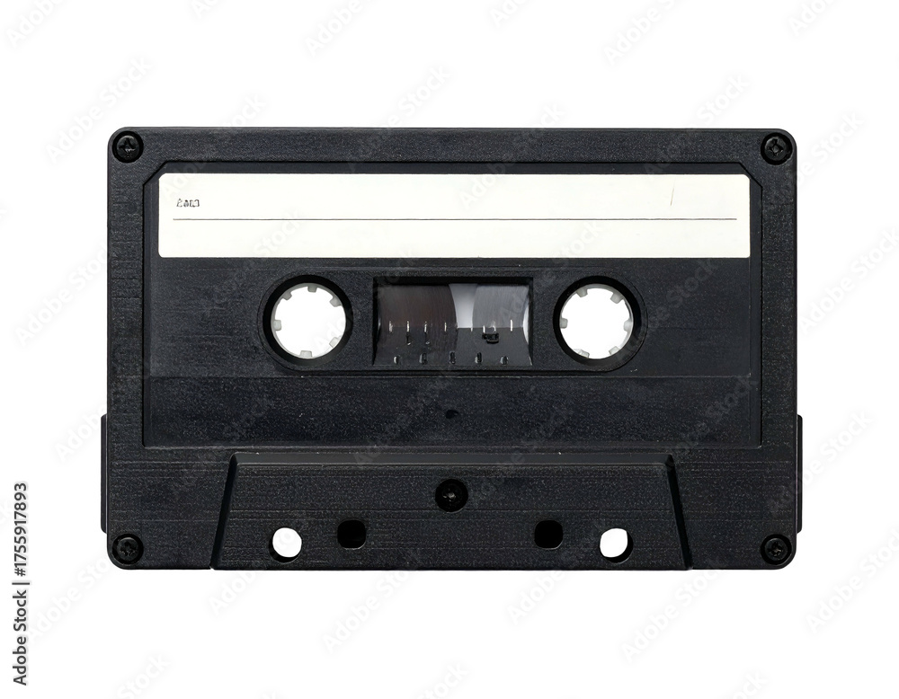 Obraz premium A classic black audio cassette tape isolated against a stark black background