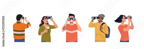 Young women and men from different angleslooks forward through binoculars. Vector illustration in a flat style.