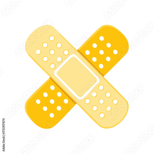 Two adhesive bandages crossed forming an X symbol representing medical first aid and wound care